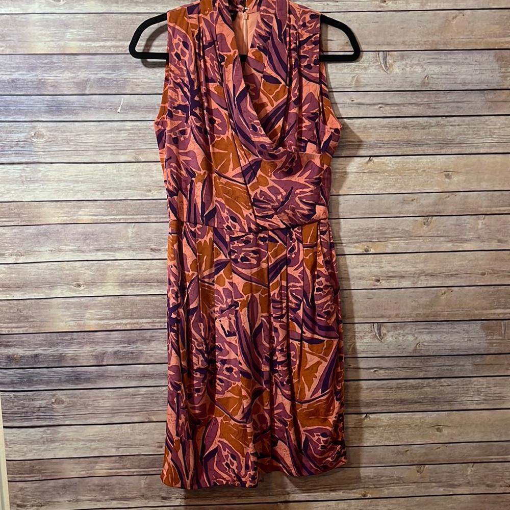 ⭐️ Vintage 80s 90s Silk Faux Wrap Dress Pink Purple Print Lined Size 8